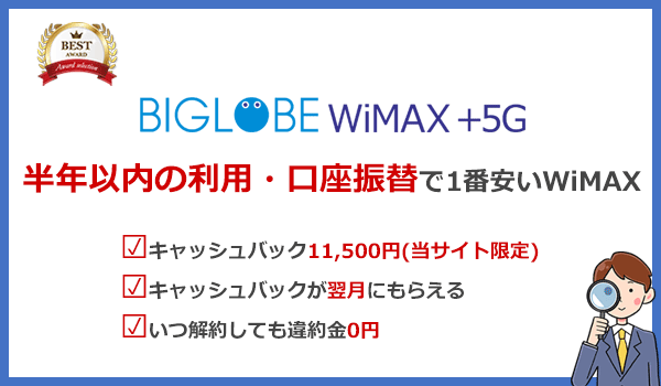 半年以内の短期利用や口座振替ならBIGLOBE WiMAXがおすすめ