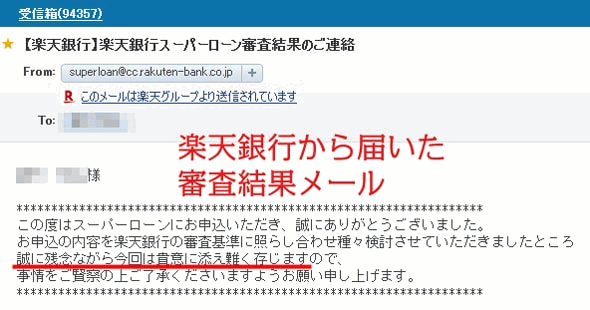 楽天銀行スーパーローンに最低利用限度額50万円で申し込みして審査に落ちたメール画面